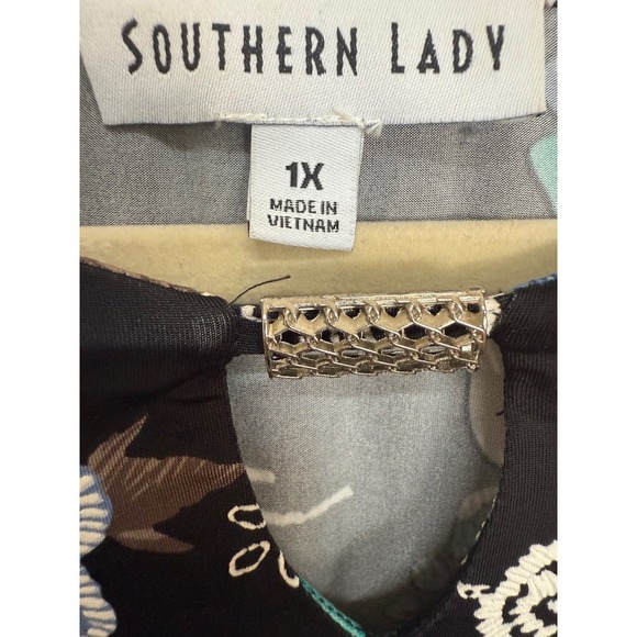 Souther Lady Black Texture Floral Long Sleeve Blouse Keyhole Cutout Plus Size 1X - Picture 5 of 6